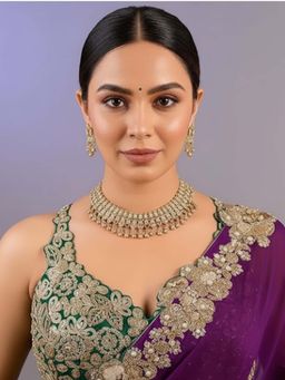 Auraa Trends - Pink Antique Gold-Plated Temple Choker Jewellery Set