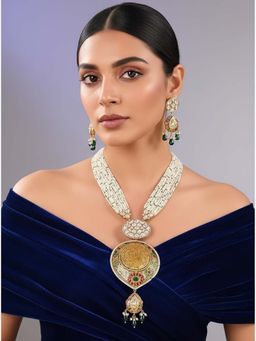 Auraa Trends - Gold-Plated Meenakari Jewellery Set with Green Beads and Coin Pendant for Women