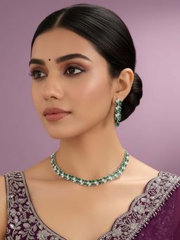 Auraa Trends - Silver-Plated Green Stone Jewellery Set with Earrings for Women