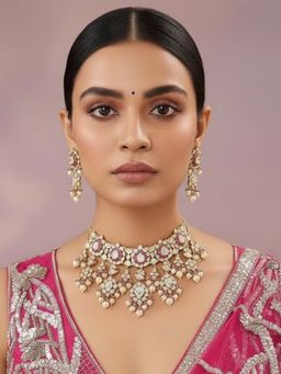 Auraa Trends - Pink Bridal Kundan Choker Jewellery Set with Earrings
