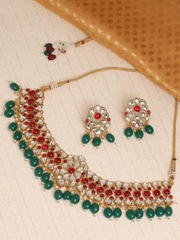 OOMPH - Red & Green Kundan Stones & Beads Jadau Ethnic Choker Necklace Set
