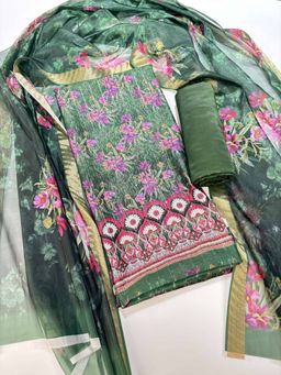 Silk Land - Green Chanderi Cotton Digital Printed Unstitched Dress Material (Set of 3)
