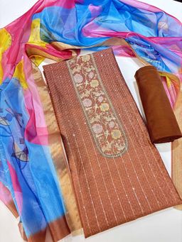 Silk Land - Brown Chanderi Cotton Digital Printed Unstitched Dress Material (Set of 3)