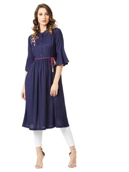 Miss Chase - Women's Navy Blue Round Neck 3/4 Sleeve Solid Embroidered Gathered Midi Dress