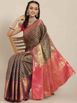 Silk Land - Banarasi Art Silk Saree with Unstitched Blouse Piece Navy Blue & Gold with Unstitched