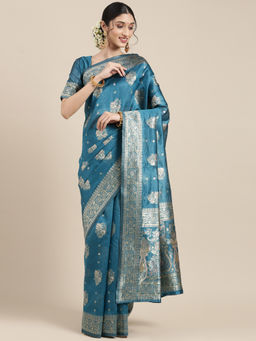 Sareemall - Womens Silk Blend Blue Woven Design Celebrity Saree with Unstitched Blouse