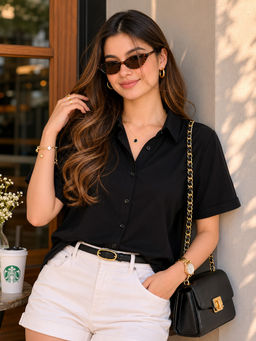 LEOTUDE - Black Cotton Blend Loose Fit Solid Casual Shirt