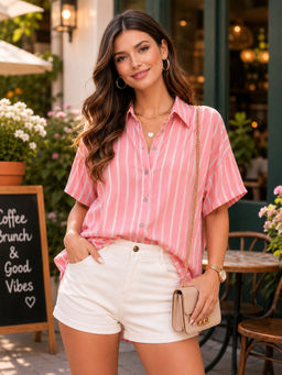 LEOTUDE - Pink Cotton Blend Loose Fit Striped Casual Shirt