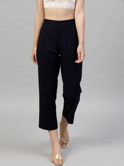 STREET 9 - Navy Blue Regular Fit High Waist Trouser