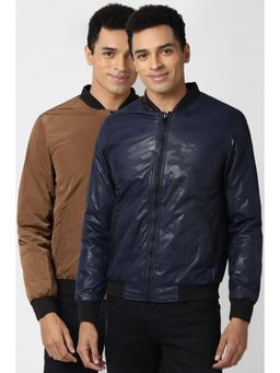 Peter England - Men Navy Blue and Brown Solid Printed Reversible Jacket