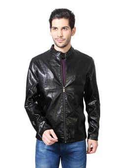 Van Heusen - Men Black Solid Leather Jacket