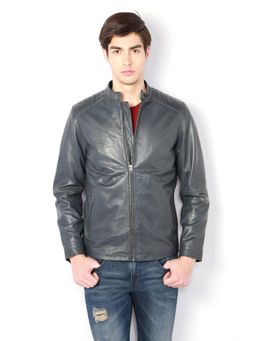 Van Heusen - Men Grey Solid Leather Jacket