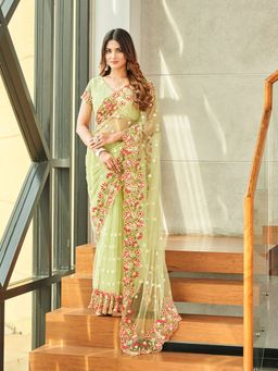 Tikhi Imli - Green Colored Net Embroidered Saree with Faux Diamonds with Unstitched Blouse