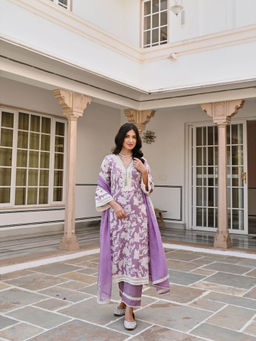 Karaj Jaipur - Purple Lace Kurta with Pant & Dupatta (Set of 3)