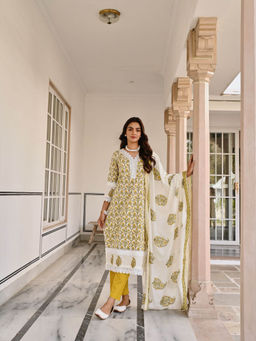 Karaj Jaipur - Mustard Jaal Print Kurta with Pant & Dupatta (Set of 3)