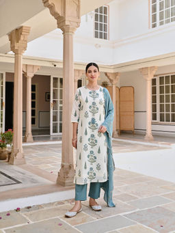 Karaj Jaipur - Blue Butta Print Kurta with Pant & Dupatta (Set of 3)