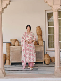Karaj Jaipur - Pink Floral Printed Anarkali Kurta with Pant & Dupatta (Set of 3)