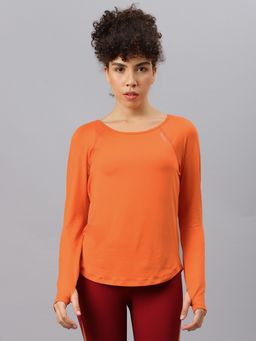 Fitkin - Women Orange Round Neck Back Laser Cut T-Shirt