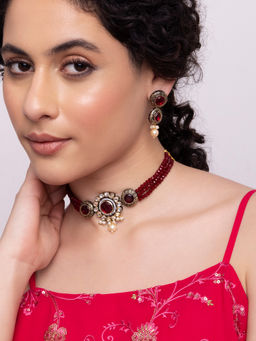 Indya - Red Faux Stone Beaded Earring Necklace Set (Set of 2)