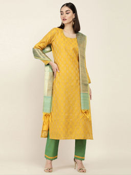 Soch - Mustard Chanderi Unstitched Dress Material ( Set of 3 )