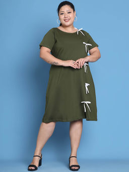 theRebelinme - Plus Size Women Olive Solid Color Cotton Knitted Dress