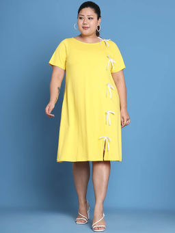 theRebelinme - Plus Size Women Yellow Solid Color Cotton Knitted Dress