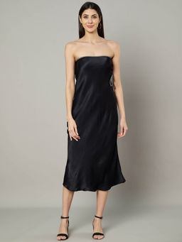 AMAGYAA - Black Solid Satin A-Line Tube Midi Dress