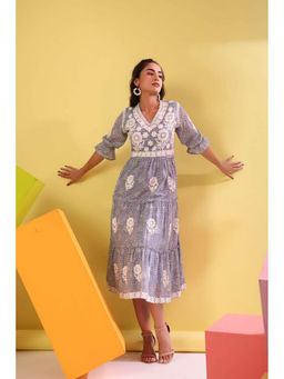 CUSTARD - Blue Embroidered Midi Dress