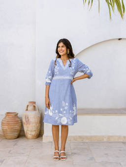 CUSTARD - Sky Blue Cotton Knee Length Embroidery Dress
