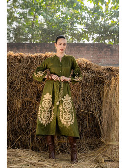 CUSTARD - Green Printed Below-Knee Length Dress For Women with Belt (Set of 2)