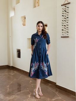 CUSTARD - Navy Blue Embroidery Knee Length Dress For Women