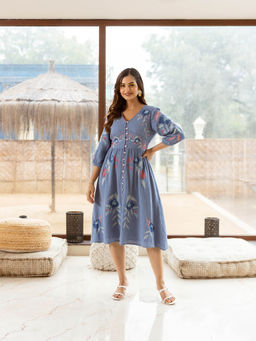 CUSTARD - Blue Embroidery Knee Length Dress For Women