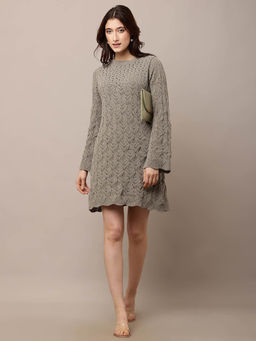 NOBARR - Women Polyester Full Sleeve With Crew Neck Crochet Light Green Shift Dress