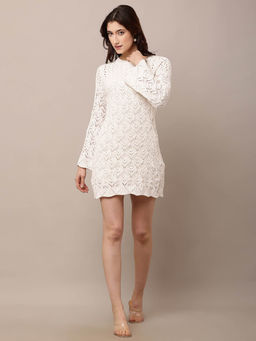 NOBARR - Women Polyester Full Sleeve With Crew Neck Crochet Off- White Shift Dress