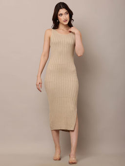 NOBARR - Women Acrylic Round Neck With Sleeveless Ribbed Beige Bodycon Dress