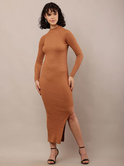 NOBARR - Women Acrylic Full Sleeve With Turtle Neck Ribbed Bodycon Brown Dress