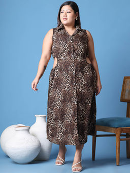 theRebelinme - Plus Size Women Animal Printed Shirt Collar A-Line Dress