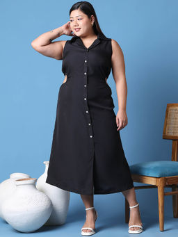 theRebelinme - Plus Size Women Black Solid Color Shirt Collar A-Line Dress