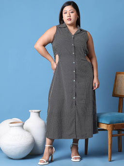 theRebelinme - Plus Size Women Black Geometric Printed Shirt Collar A-Line Dress