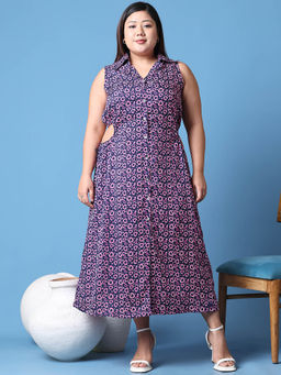 theRebelinme - Plus Size Women Navy Color Heart Printed Shirt Collar A-Line Dress