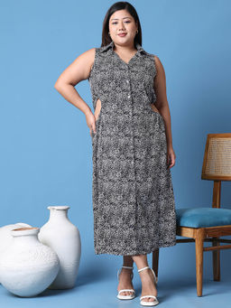 theRebelinme - Plus Size Women Tiger Printed Shirt Collar A-Line Dress