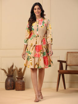 FASHOR - Floral Printed Mirror & Beads Embroidered Tiered Dress - Beige