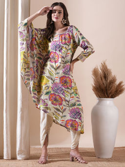 FASHOR - Floral Printed Embroidered Kaftan With Tulip Pant - Multi (Set of 2)