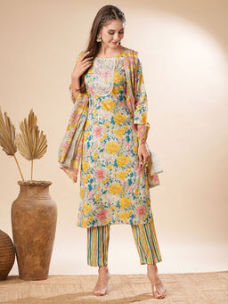 FASHOR - Floral Printed Kurta With Pant & Dupatta - Yellow & Multi (Set of 3)
