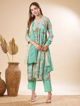 FASHOR - Printed Embroidered Kurta With Pant & Dupatta - Sea Green (Set of 3)