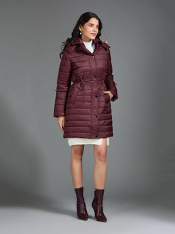 Twenty Dresses by Nykaa Fashion - Wine Furry Hooded Quilted Long Puffer Jacket (Set of 2)