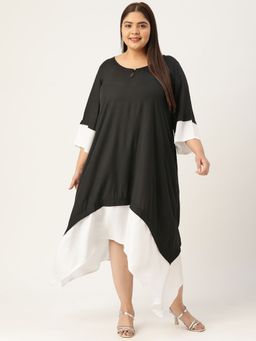 theRebelinme - Plus Size Women Black & White Color Block Asymmetric Dress