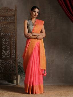 Triyah - Pink Woven Gold Border Cotton Saree with Tassels