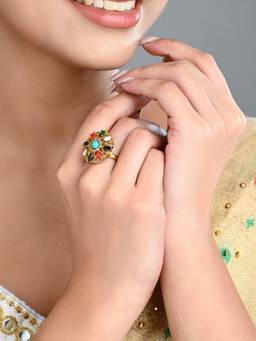 Anvik - Multicolor Floral Statement Ring - Gold Finish Adjustable Cocktail Ring