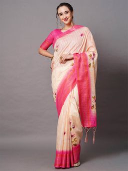 Odette - Peach Festive Linen Blend Printed Saree with Unstitched Blouse